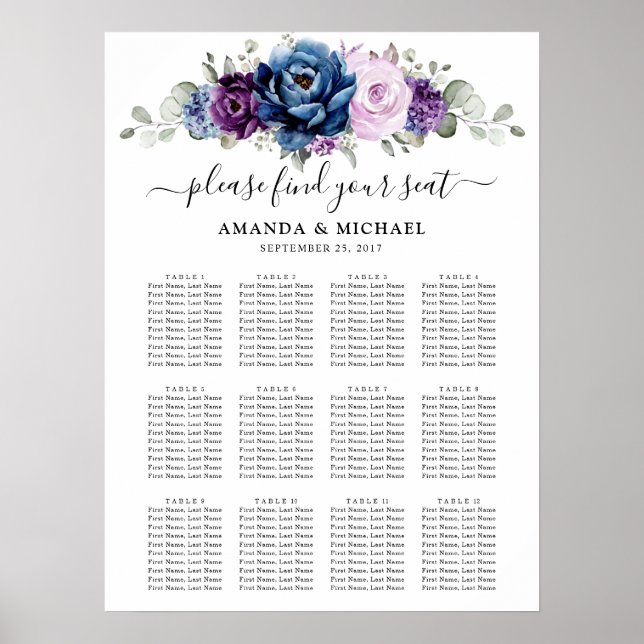 Poster Dusty Blue Purple Navy Lilac Fleurit Carte de sièg (Devant)