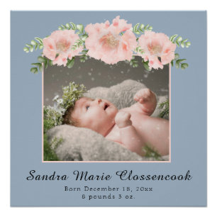 Poster Dusty Blue Rose Nouveau bébé fille Douche Nursery