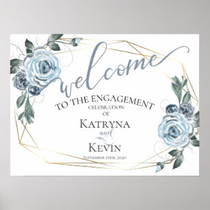 Poster Dusty Blue Rustic Floral Fiançailles Bienvenue
