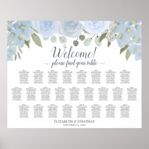 Poster Dusty Blue Rustic Roses 25 Table Seating Chart