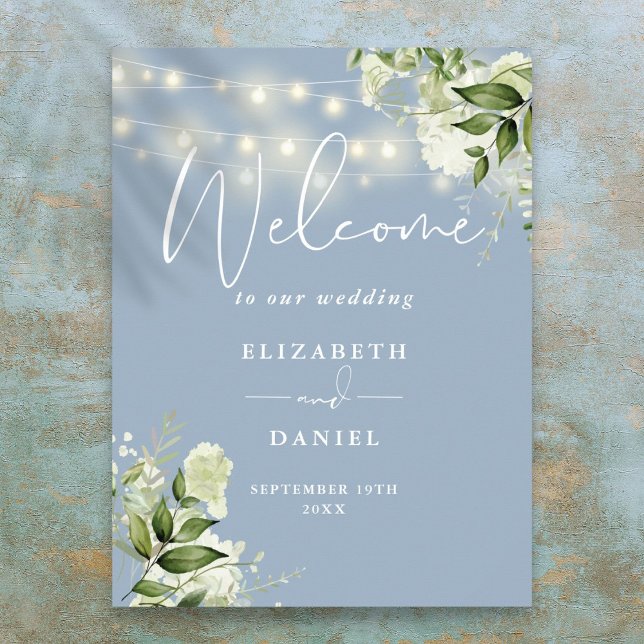 Poster Dusty Blue String Lights Floral Mariage Welcome (Dusty Blue String Lights Floral Wedding Welcome Poster)