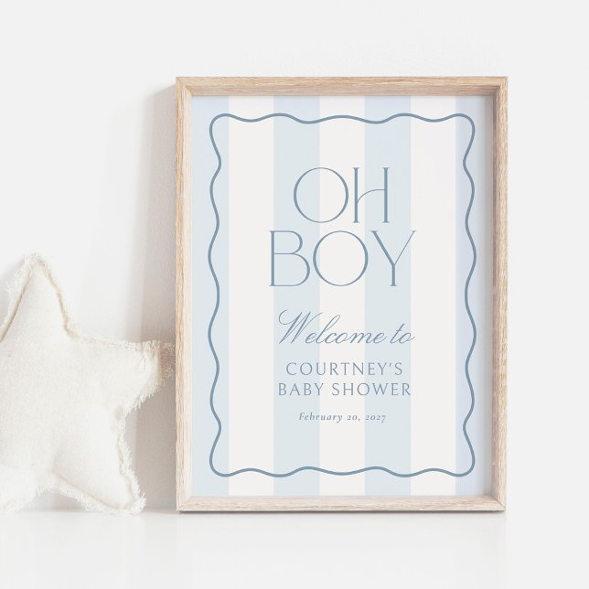 Poster Dusty Blue Stripe Oh Boy Baby Shower Welcome Sign (Créateur téléchargé)