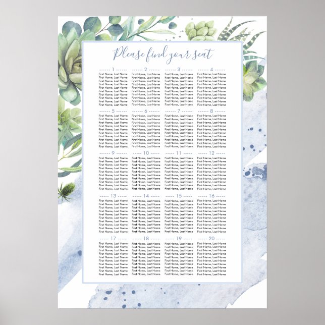Poster Dusty Blue Succulents Greenery Seating Chart (Devant)