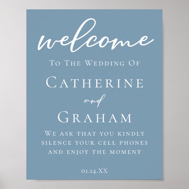 Poster Dusty Blue White Typographie Mariage côtier (Devant)