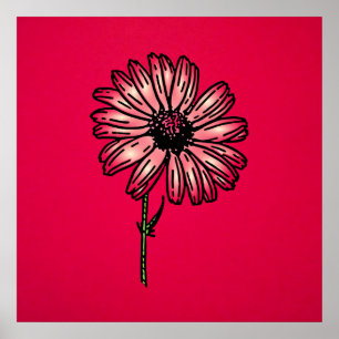 Poster Dusty pink daisy on red crimson background vintage