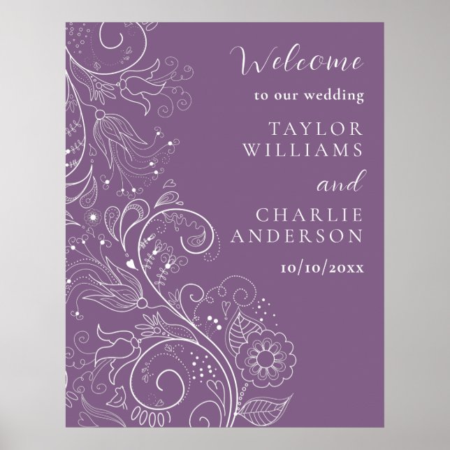 Poster Dusty Purple Élégant Mariage Floral Bienvenue (Devant)