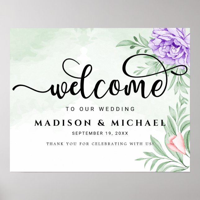 Poster Dusty Purple Peony Rose vert Feuille Mariage (Devant)