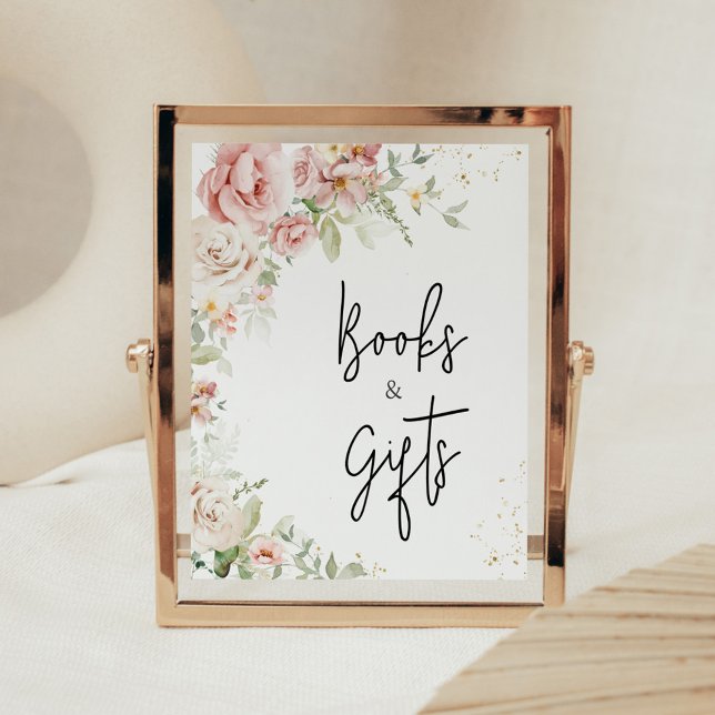 Poster Dusty rose Baby shower floral Livres et cadeaux (Dusty Pink Floral Greenery Baby Shower Books and Gifts Sign)
