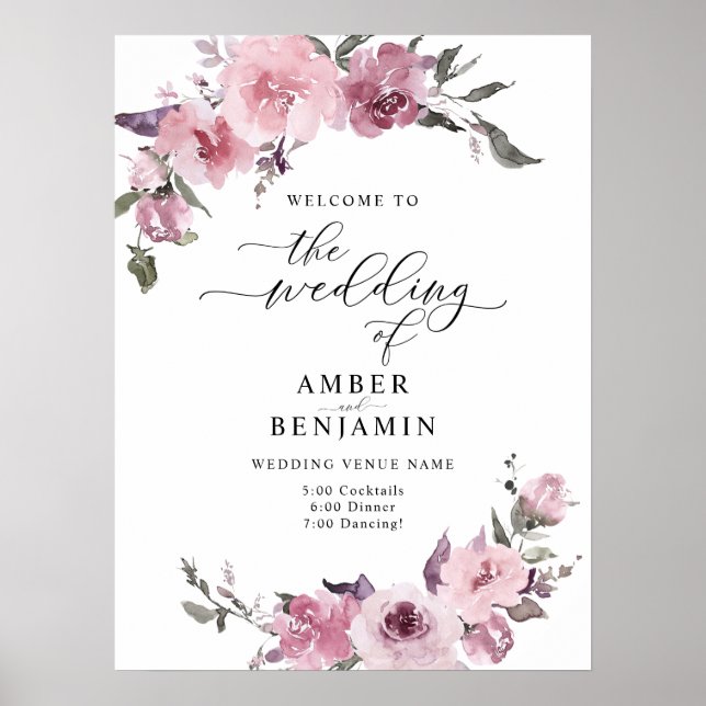 Poster Dusty Rose Floral Blush Rose Mauve Mariage Bienven (Devant)