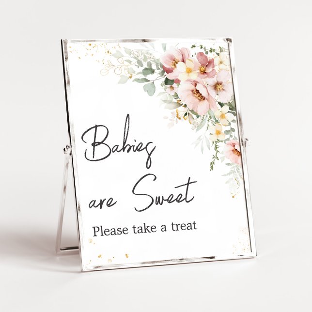 Poster Dusty rose Floral Greenery Les bébés sont doux (Dusty Pink Floral Baby Shower Babies are Sweet Sign)