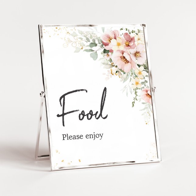 Poster Dusty rose Floral verdure Baby shower Nourriture (Dusty Pink Floral Baby Shower Food Sign )