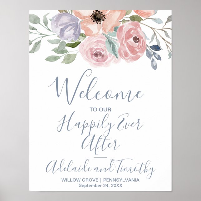 Poster Dusty Rose Florals Mariage de bienvenue (Devant)