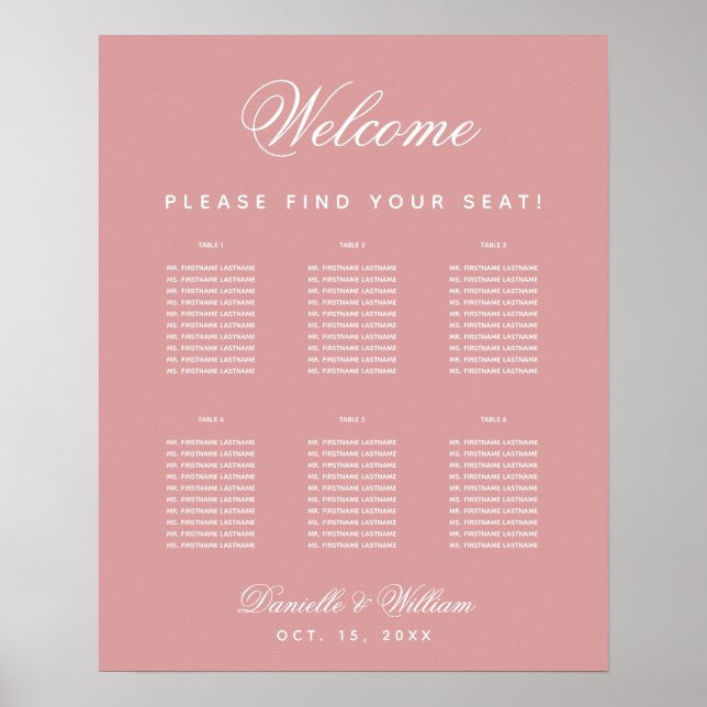 Poster Dusty Rose Mariage 6 Table Rose Seat Chart (Devant)