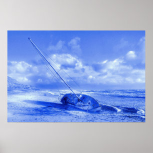Poster Dutch Style Delft Blue Sailboat Wreck Nautical