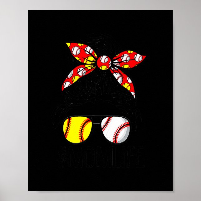Poster Dy Messy Bun Mothers Day Softball Baseball (Devant)