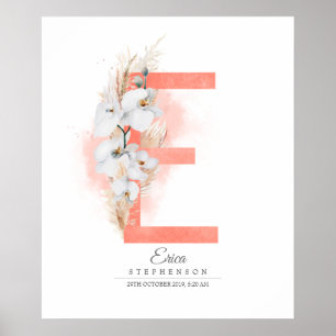 Poster E Letter Monogram White Orchids and Pampas Grass