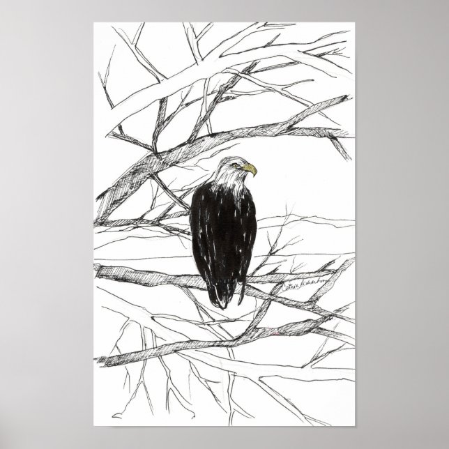 Poster Eagle Tree Desert Landscape Ink Sketch (Devant)