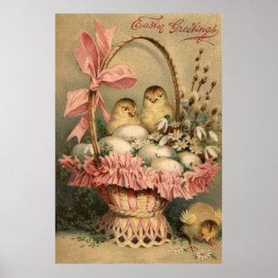 Poster Easter Basket Egg Chick Pink Bow Forget Me Not
