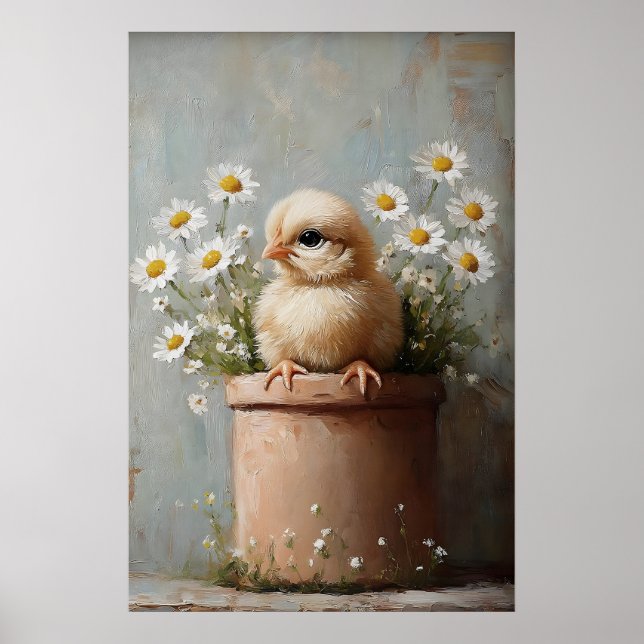 Poster Easter Chicken Flower Pot Print, Rustic (Devant)