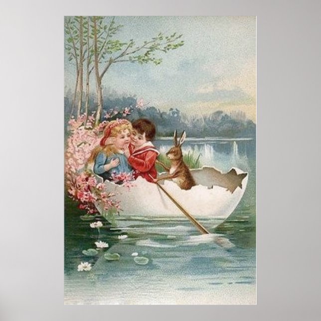 Poster Easter Oeuf Bunny Bateau Jeune couple Paysage (Devant)