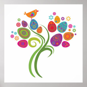 Poster Easter tree with colored eggs and flowers