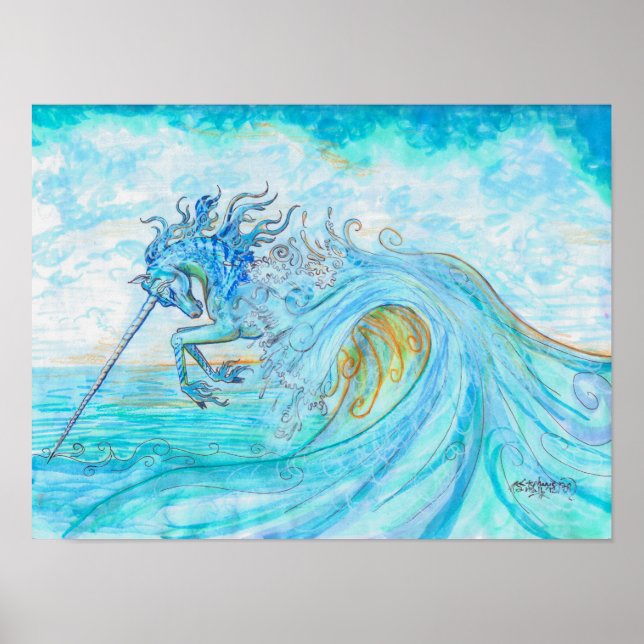Poster Eau Mer Océan Unicorne Leaping Corne Longue (Devant)