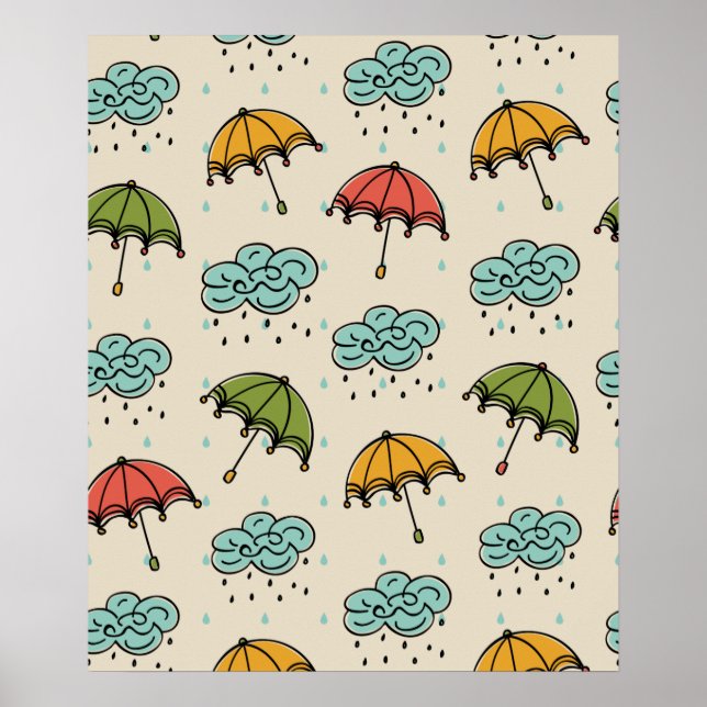 Poster Eau pluvieuse gouttes et parapluies (Devant)