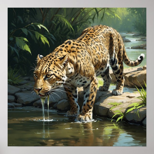Poster Eau potable Leopard unique dans la peinture fluvia (Devant)