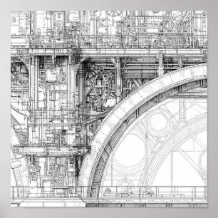 Poster Échafaudage Intriqué Steampunk - Dessin Technique 