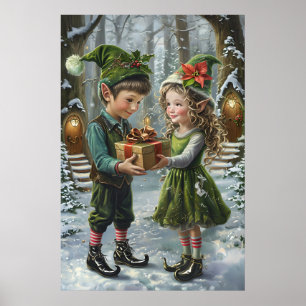 Poster Échange de cadeaux Christmas Elves - Vacances Wood