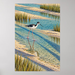 Poster Échasse à cou noir dans un Sud texan pointilliste