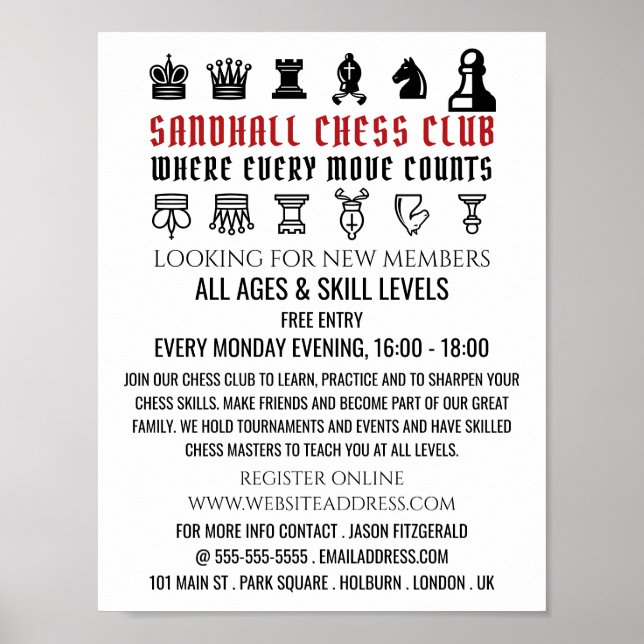 Poster Échecs, Club d'échecs Publicité (Devant)