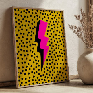 Poster Éclair rose sur fond jaune à pois Pop Art