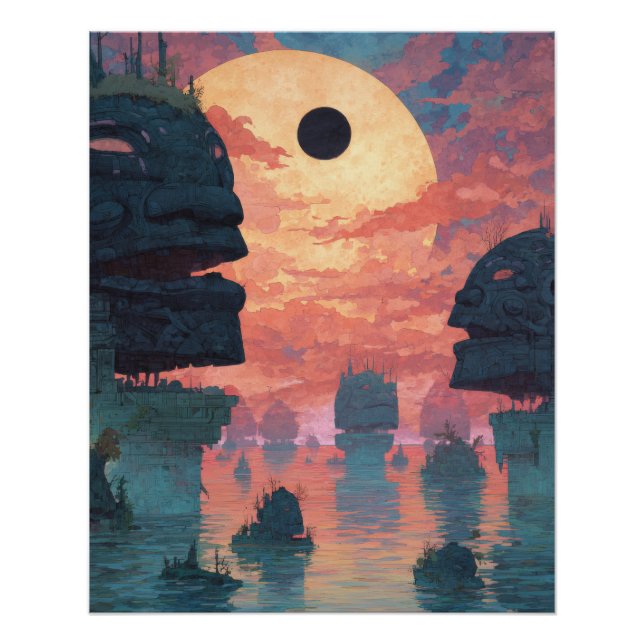 Poster Éclipse Éthérée sur les Falaises Brumeuses (Devant)