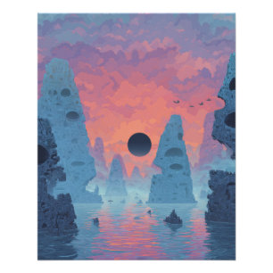 Poster Éclipse indigo sur paysage de rêve néon