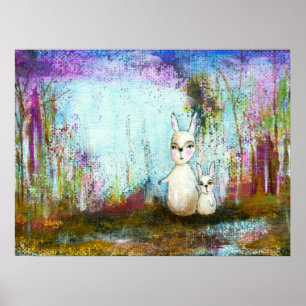 Poster École de la nature, maman et bébé lapins Art abstr
