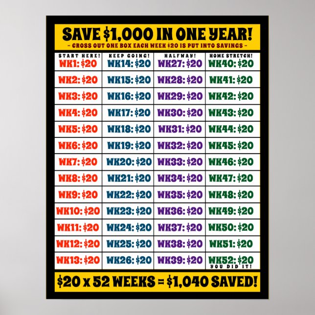 Poster Économisez 1 000 $ en un an ! Objectifs d'argent (Devant)