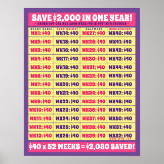 Poster Économisez 2 000 $ en un an ! Buts de l'argent ros