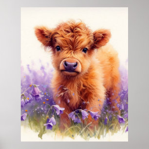 Poster Écossais Highland Vache Calf Violet Fleurs sauvage