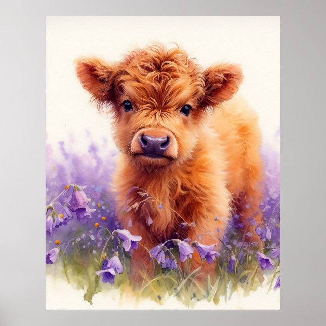 Poster Écossais Highland Vache Calf Violet Fleurs sauvage (Devant)