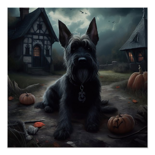 Poster Ecosse Terrier Citrouille Halloween effrayant (Devant)