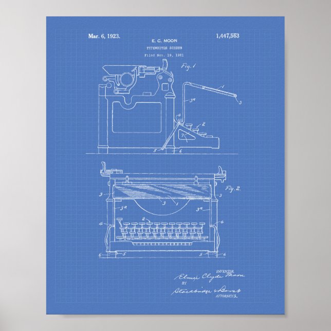 Poster Écran de machine à écrire 1923 Brevet Art Blueprin (Devant)