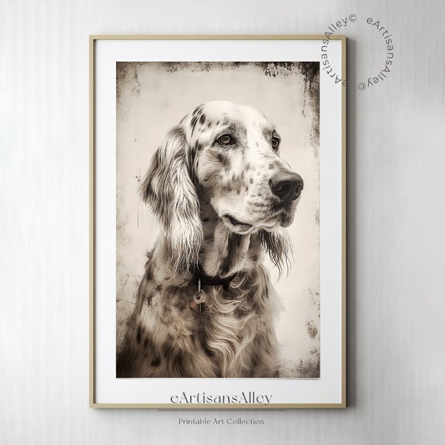 Poster Écran de portrait d'un Setter anglais (Etching print portrait of an English Setter | Digital print Wall Decor | Digital Download )