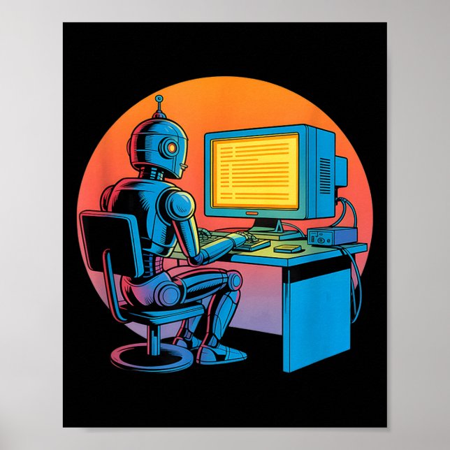 Poster Écran d'ordinateur de codage de robot rétro drôle  (Devant)