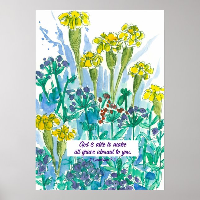 Poster Écriture 2 Corinthiens 9:8 Fleurs Religieux (Devant)
