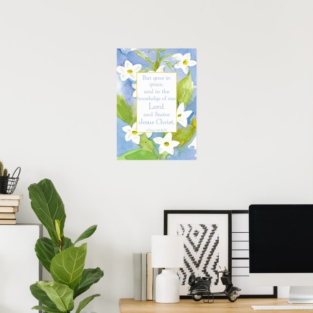 Poster Écriture biblique 2 Pierre 3:18 Fleurs Nicotiana (Bureau à domicile)