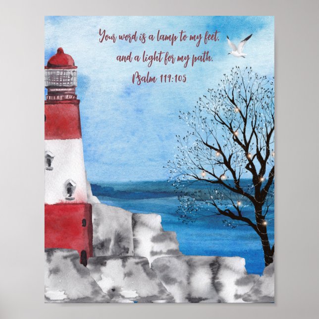 Poster Écriture de la scène d'aquarelle du phare de Monog (Devant)