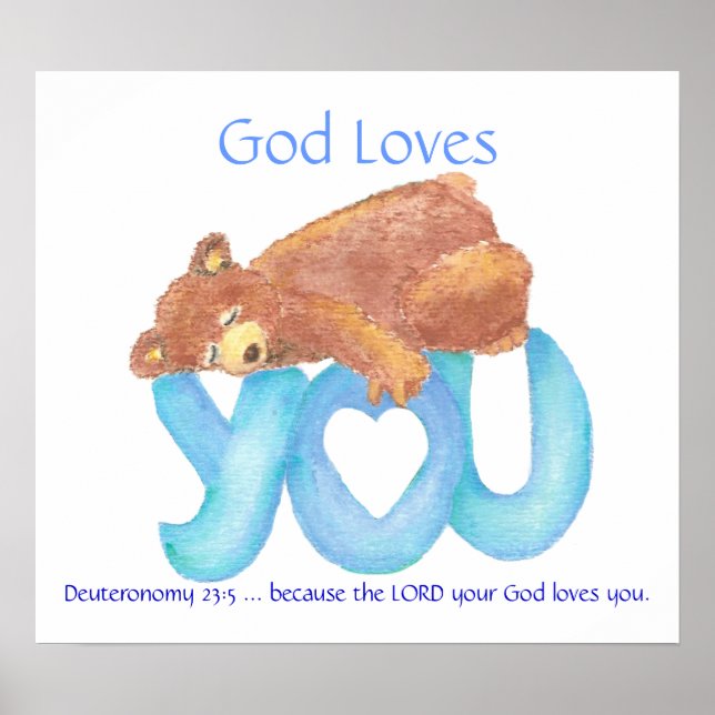 Poster Écriture De Salle D'Enfants, Dieu Vous Aime, Ours  (Devant)