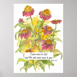 Poster Écriture James 4:8 Bible Verse Fleur religieuse
