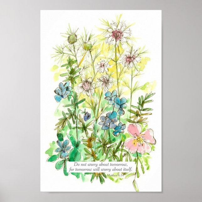 Poster Écriture Matthieu 6:34 Bible Verse Jardin Fleurs (Devant)